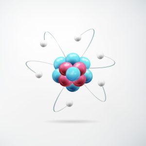 Scientific realistic abstract concept with colorful model of atom on light background isolated vector illustration